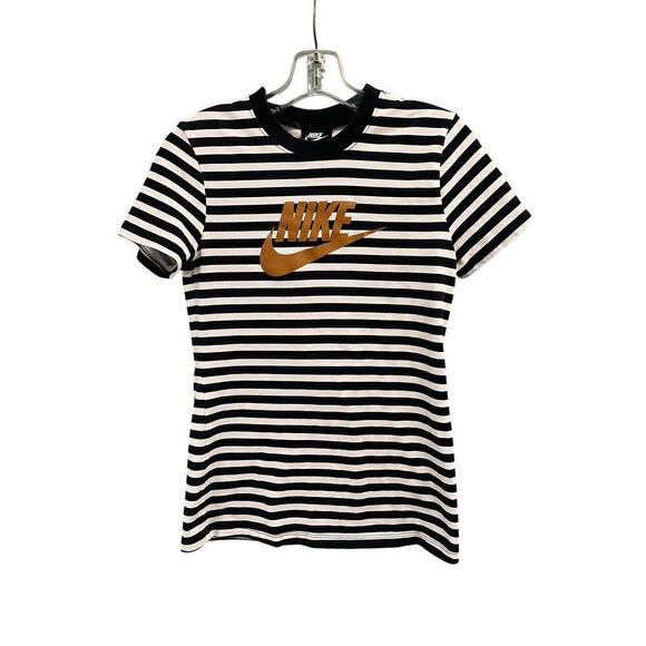 Nike Black White Striped Tee Size Small Gold Logo Athleisure Casual - Picture 1 of 3